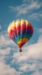 Colorful hot air balloon against a partly cloudy sky