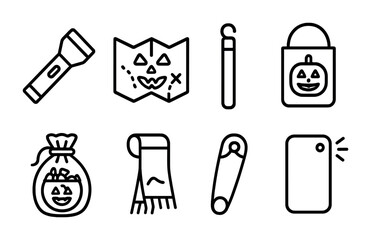 Halloween Night Essentials Icons. Outline icon set of Halloween night essentials: flashlight, costume map,