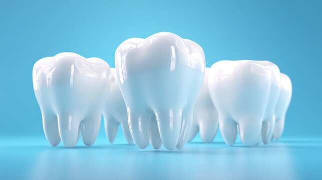 Five glossy white 3 D human teeth slowly rotating on a light blue background isolated on a transparent background