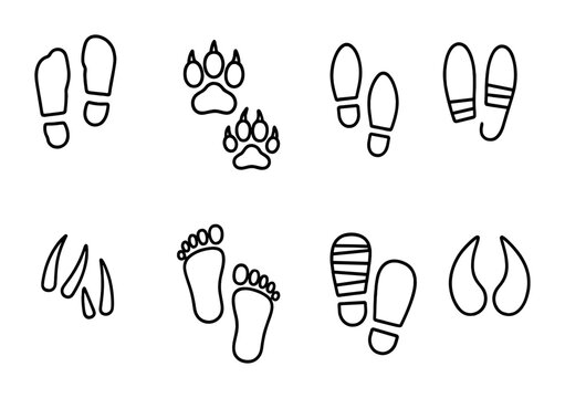 Monster Footprint Icons. Outline icon set of monster footprints: zombie tracks, werewolf paw, vampire boot,