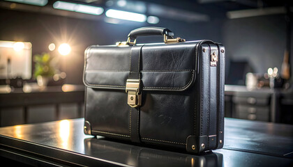 Black Leather Briefcase Displayed on a Metallic Surface in a Professional Office Setting with Soft Lighting
