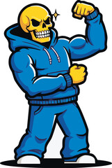 Naklejka premium Cartoon skeleton flexing muscles wearing a blue hoodie, gym mascot illustration.