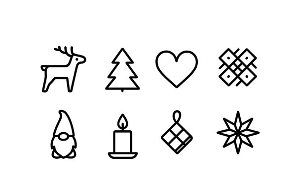 Scandinavian Christmas Icons. Outline icon set of Scandinavian Christmas: wooden reindeer, minimal tree, red