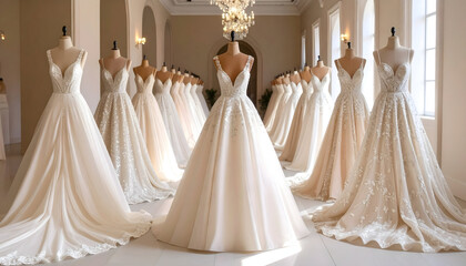 Elegant Wedding Dresses Displayed on Mannequins in a Brightly Lit Room Showcasing Detailed Fabric and Design