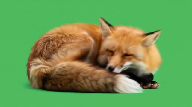Red fox sleeping peacefully on green background