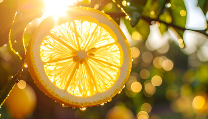 Sunlight Illuminates Lemon Slice with Water Droplets on Green Foliage creating a bright and fresh Composition