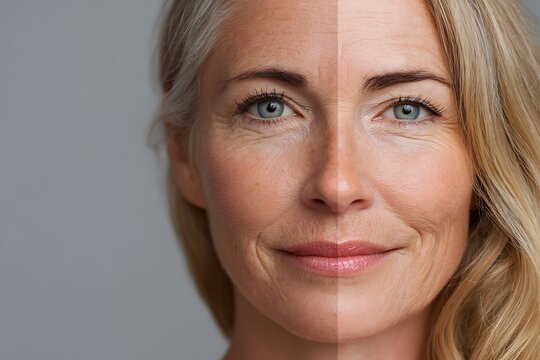 near view of woman portrait highlighting split between supple young skin and lined old skin plain background
