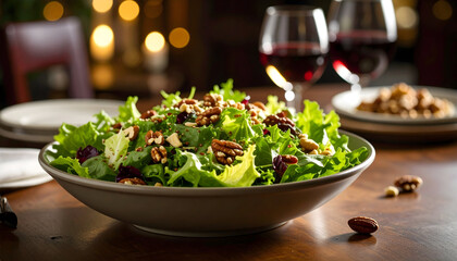 Fresh Salad With Pecans And Red Wine Glasses On A Dark Wood Table Setting
