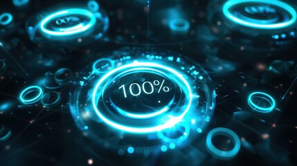 Glowing Neon Blue Circles Displaying 100 Percentage Futuristic Technology Interface isolated on a transparent background