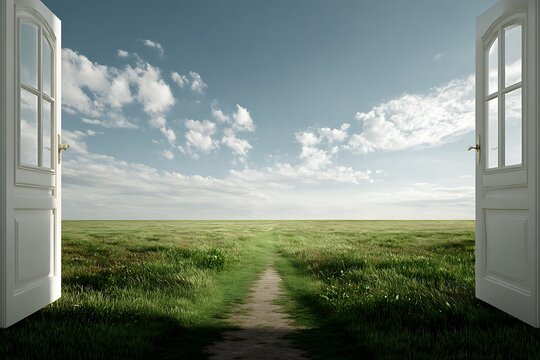 theme of accessing portals to uplifting radiant and favorable destiny blue airspace and vast herbal pasture
