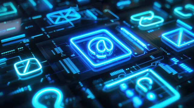 Glowing Neon Blue Futuristic Digital Symbols At Sign Email Interface Technology isolated on a transparent background