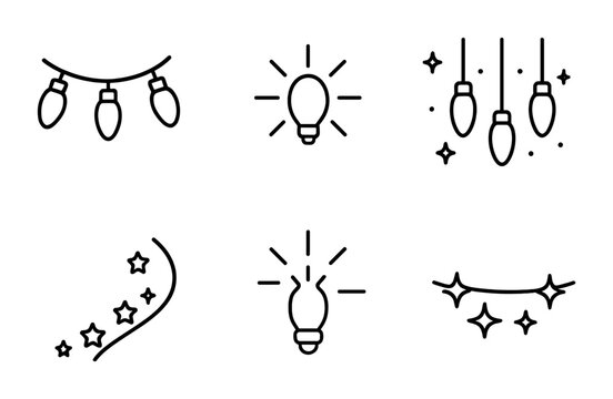 Holiday Light Icons. Outline icon set of holiday lights: string lights, bulb burst, hanging sparkles, light