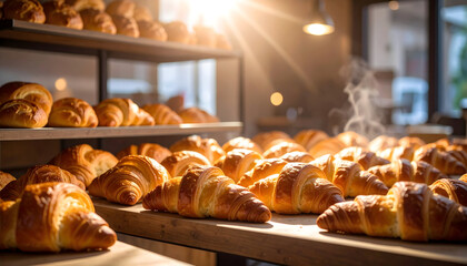 Golden Brown Croissants on Wooden Shelves with Warm Sunlight in Bakery Shop