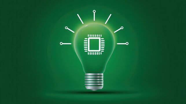 Green Lightbulb with Integrated Circuit on Green Background