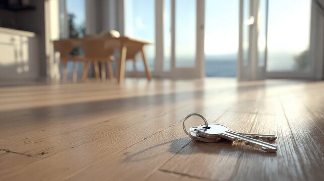 House keys on light brown wooden floor near blurred dining area and bright window isolated on a transparent background