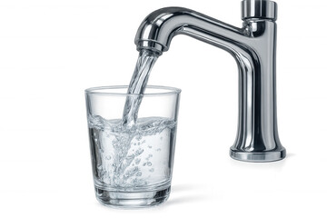 Sparkling water cascading from sleek chrome faucet into crystal-clear glass, illuminating clean, pure hydration