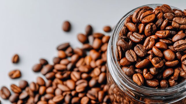 Coffee beans in glass jar kitchen table food photography bright environment close-up flavor exploration