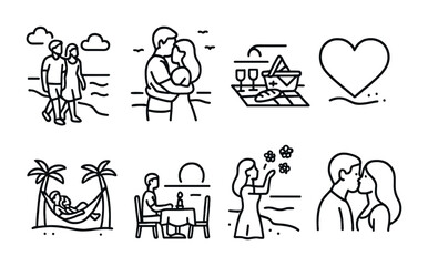 Obraz premium Romantic Beach Icons. Outline icon set of romantic beach scenes: couple walking, sunset hug, picnic on beach,