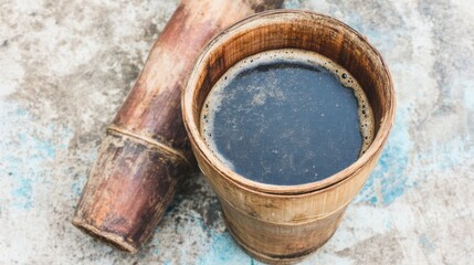 Naklejka premium Traditional bamboo drink preparation rural village beverage photography natural setting close-up view cultural heritage