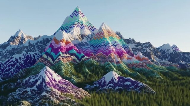 Colorful zig-zag pattern on snowy mountains with a forest view