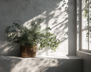 Potted fern with trailing greenery against white wall for interior design, plant-based products, sustainable decor, wellness spaces, minimalist brands

