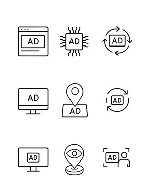 Digital Advertising Icons. Outline icon set of digital advertising: banner ad, programmatic icon, media buy,