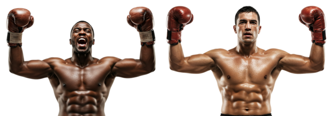 Two boxers celebrating victory with raised arms and boxing gloves, triumph on transparent background