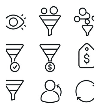 Marketing Funnel Icons. Outline icon set of marketing funnel: awareness icon, lead generation, nurturing flow,