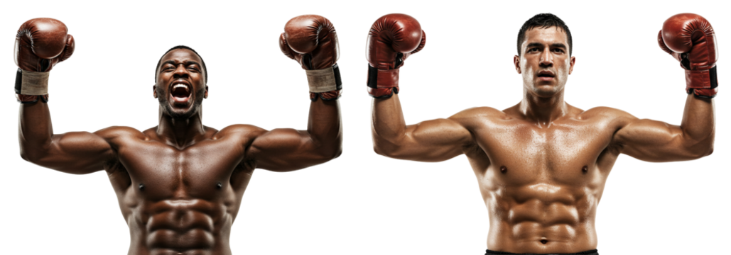 Two boxers celebrating victory with raised arms and boxing gloves, triumph on transparent background - Powered by Adobe