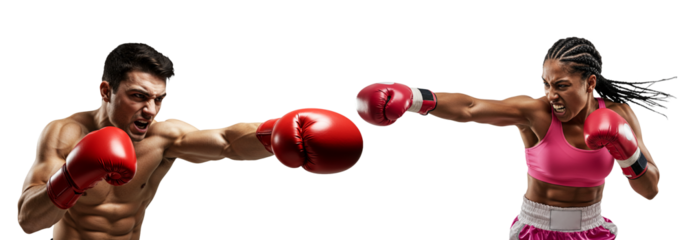Boxers Punching, Man and Woman in Boxing Gloves, on White on transparent background
