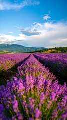 Fototapeta premium Lavender field stretches to distant mountains under a vibrant sky