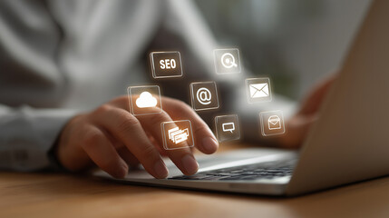 Naklejka premium Digital marketing professional with AR holographic icons for SEO