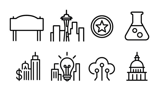 American Innovation Icon Set. Outline icon set of American innovation hubs: Silicon Valley sign, Seattle tech