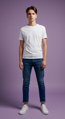 Young Man in White T-Shirt and Jeans, Full Body Studio Shot