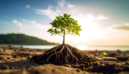 Young tree with visible roots planted in sand on a beach with bright sunlight and blurred background