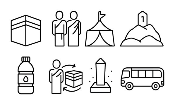 Hajj Pilgrimage Icons. Outline icon set of Hajj pilgrimage: Kaaba, Ihram clothing, tent in Mina, Mount Arafat,