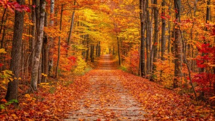 Vibrant autumn forest path covered in fallen leaves