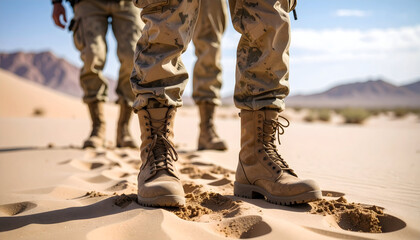 Military Personnel Walking Across Sandy Desert Terrain Wearing Camouflage Uniforms