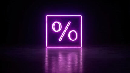 Glowing Purple Neon Percent Symbol in Square Frame isolated on a transparent background