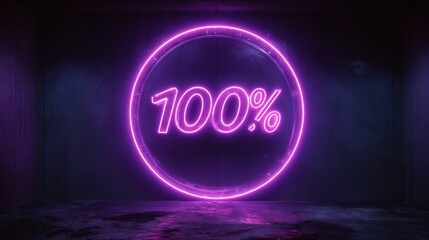 Glowing Purple Neon Sign One Hundred Percent Circle isolated on a transparent background