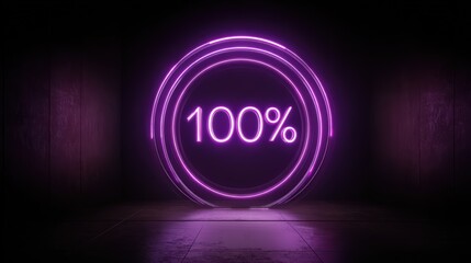 Glowing Purple Neon Sign One Hundred Percent in Circular Frame isolated on a transparent background