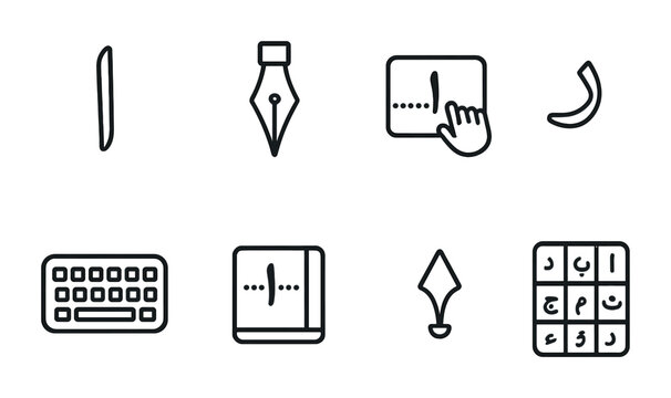 Arabic Script Icon Set. Outline icon set of Arabic script basics: alif symbol, writing pen, letter tracing,