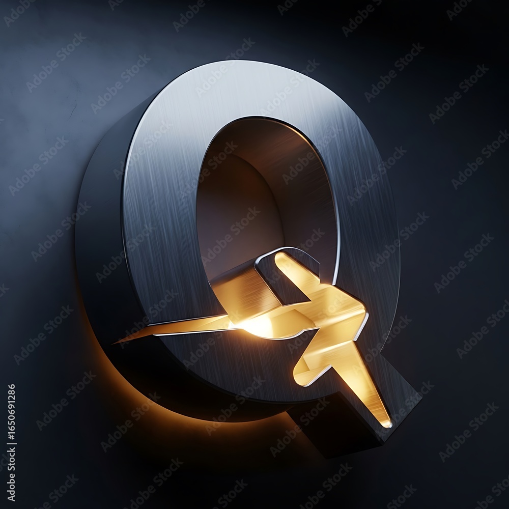 Poster 3d rendering of letter q with metallic texture and lightning bolt symbol shining