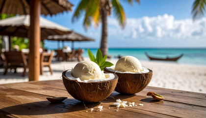 Two Halves Of Coconut Shells Filled With Vanilla Ice Cream On Wooden Tabletop At The Beach