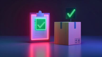 Neon Glow Clipboard Checklist and Cardboard Box 3 D Render isolated on a transparent background