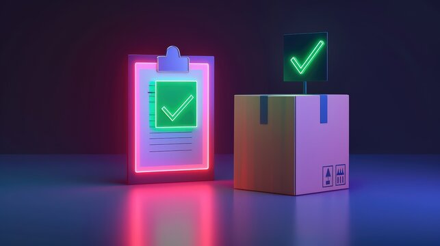 Neon Glow Clipboard Checklist and Cardboard Box 3 D Render isolated on a transparent background