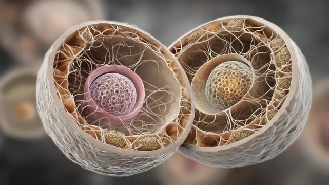 Realistic 3D cross-section illustration of fusome and hemifusome formation within cystoblast lineage, high detail cellular structures, neutral background, medical diagram