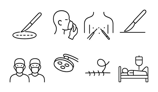 Surgical Procedure Icons. Outline icon set of surgical procedures: incision, anesthesia, laparoscopic view,