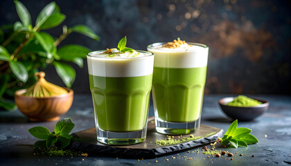 Two Matcha Lattes In Clear Glasses Served With Fresh Mint On Dark Wooden Board Against Textured Background
