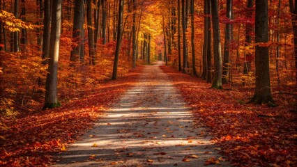 Sunlit path through a vibrant autumn forest